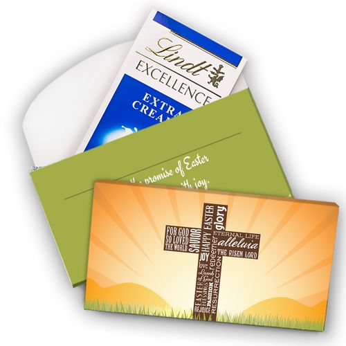 Deluxe Personalized He Has Risen Cross at Sunrise Lindt Chocolate Bar in Gift Box (3.5oz)