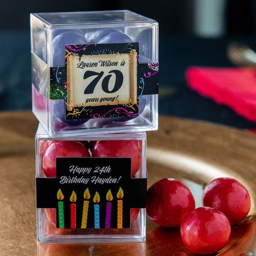Personalized Milestone 70th Birthday JUST CANDY® favor cube with Premium Malted Milk Balls