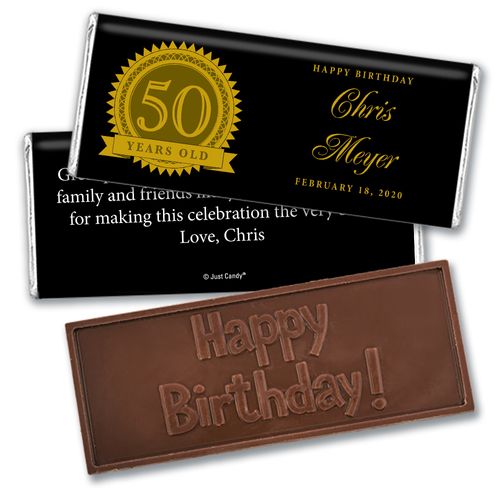 Seal of Experience Embossed Happy 50th Birthday Bar Personalized Embossed Chocolate Bar Assembled