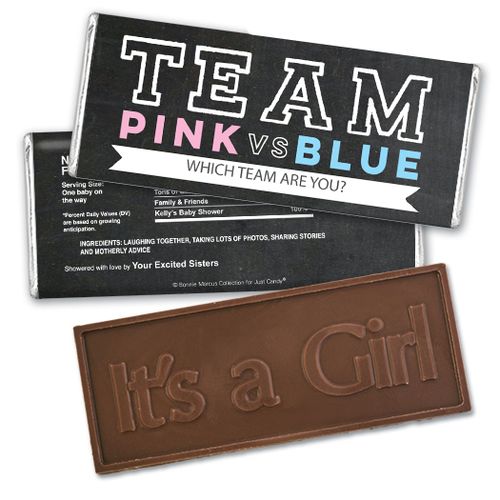 Personalized Bonnie Marcus Team Pink vs. Team Blue Gender Reveal Embossed It's a Girl Chocolate Bar