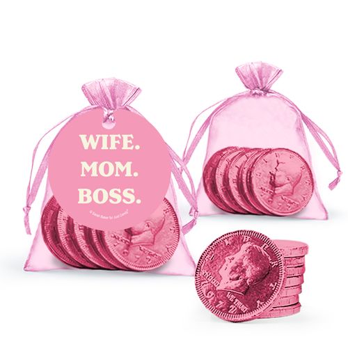 Mother's Day Wife Mom Boss Milk Chocolate Coins in Organza Bags with Gift Tag