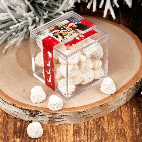 Personalized Christmas Welcoming Joy JUST CANDY® favor cube with Jelly Belly Gumdrops