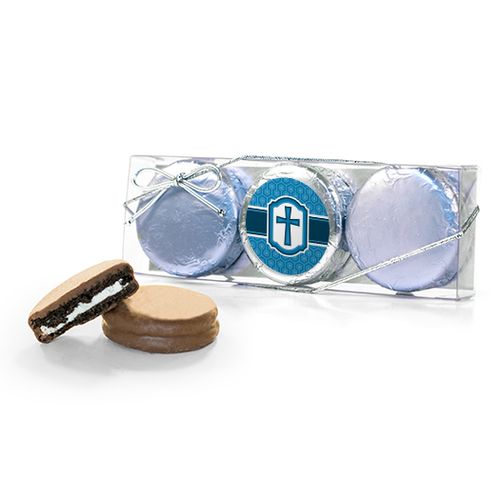 Confirmation Blue Hexagonal Pattern Engraved Cross 3PK Chocolate Covered Oreo Cookies