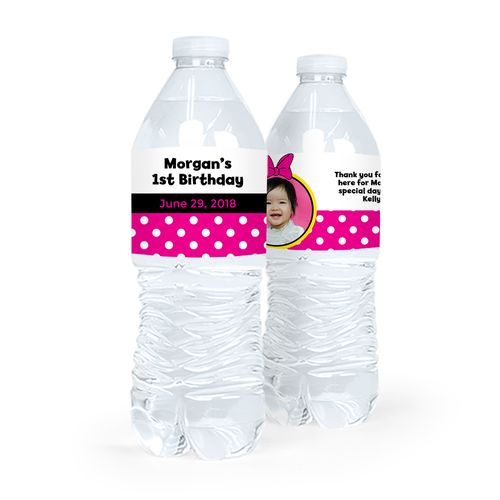 Personalized First Birthday Photo Minnie Mouse Theme Water Bottle Sticker Labels (5 Labels)
