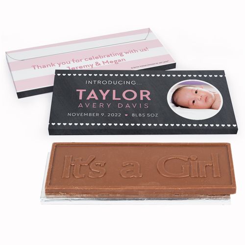 Deluxe Personalized Hearts Baby Girl Announcement Chocolate Bar in Gift Box