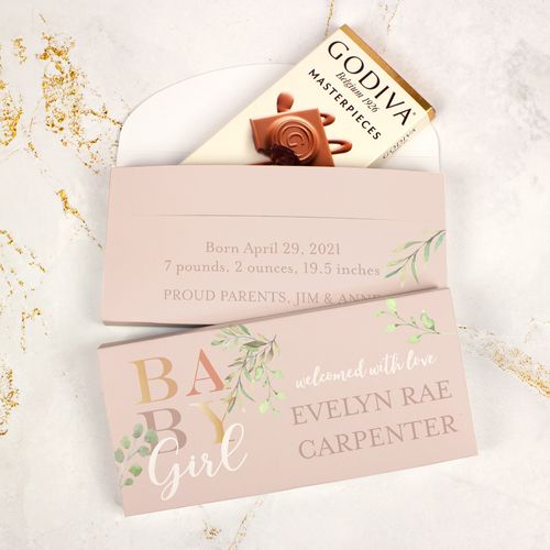 Deluxe Personalized Baby Girl Birth Announcement Godiva Chocolate Bar in Gift Box
