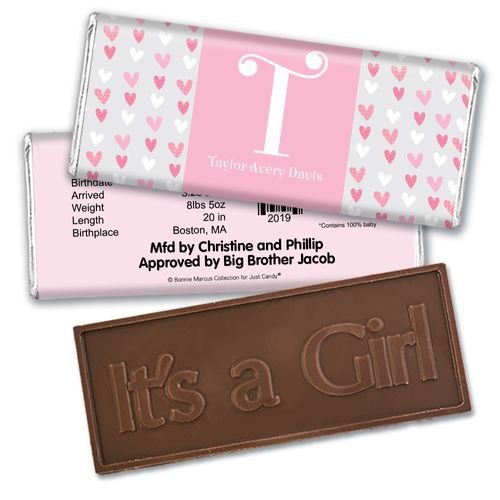 Bonnie Marcus Collection Personalized Embossed It's a Girl Bar Pink Hearts Birth Announcement