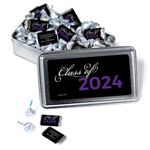 Personalized Graduation Script Silver Tin with Hershey's Kisses and Miniatures