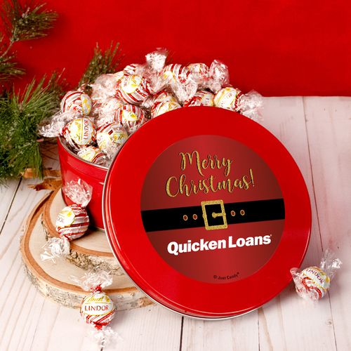 Personalized Christmas Add Your Logo Santa Buckle Tin with Lindt Truffles (approx 35 pcs)