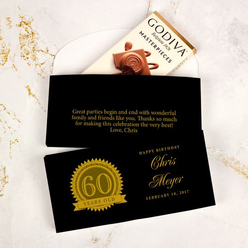 Deluxe Personalized Milestone 60th Birthday Seal Godiva Chocolate Bar in Gift Box