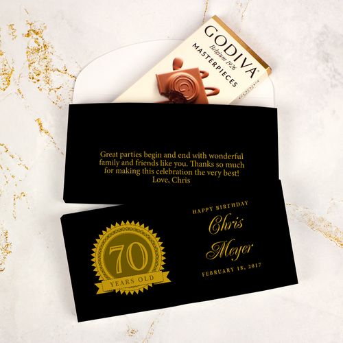 Deluxe Personalized Milestone 70th Birthday Seal Godiva Chocolate Bar in Gift Box