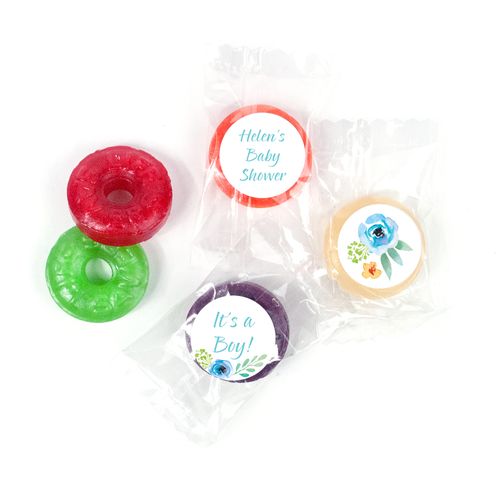 Personalized Life Savers Mints - Bonnie Marcus Baby Shower Watercolor Blossom Wreath Blue
