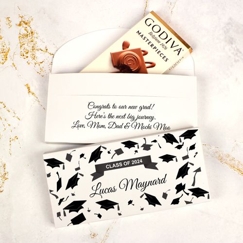 Deluxe Personalized Tossed Caps Graduation Godiva Chocolate Bar in Gift Box