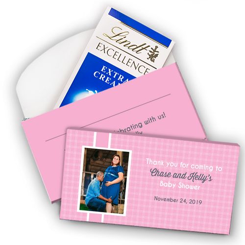 Deluxe Personalized Baby Shower Gingham Photo Lindt Chocolate Bar in Gift Box (3.5oz)