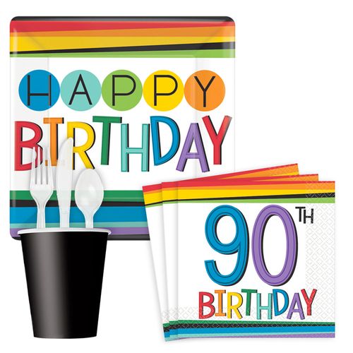 Rainbow Happy 90th Birthday Standard Tableware Kit Serves 8