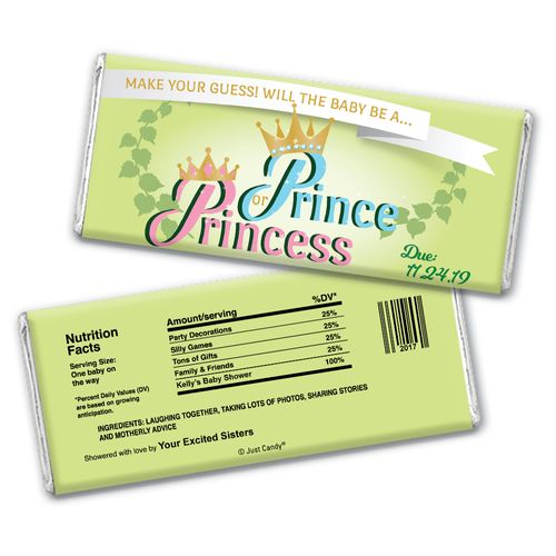 Gender Reveal Prince or Princess Personalized Chocolate Bar Wrappers