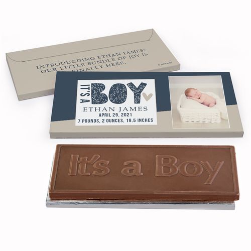 Deluxe Personalized It's a Boy Birth Announcement Embossed Chocolate Bar in Gift Box