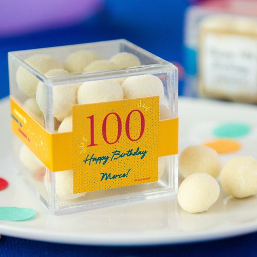 Personalized Milestone 100th Birthday JUST CANDY® favor cube with Premium Sugar Cookie Bites