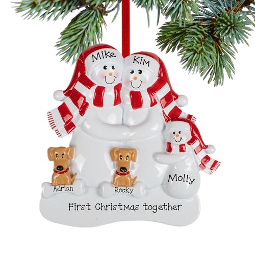 Personalized Snowman Family of 3 with 2 Brown Dogs