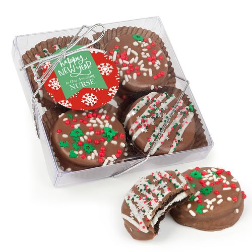Personalized Christmas New Year's Snowflakes Gourmet Belgian Chocolate Covered Oreos 4pc Gift Box
