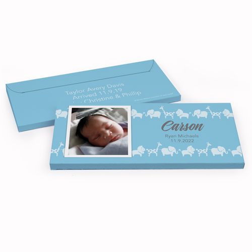 Deluxe Personalized Animal Parade Baby Boy Announcement Chocolate Bar in Gift Box