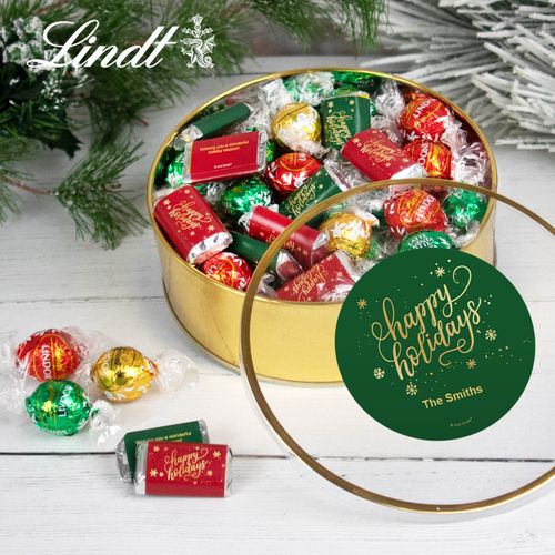 Personalized Happy Holidays Extra-Large Plastic Tin with Approx 1lb Hershey's Miniatures and Lindor Truffles by Lindt