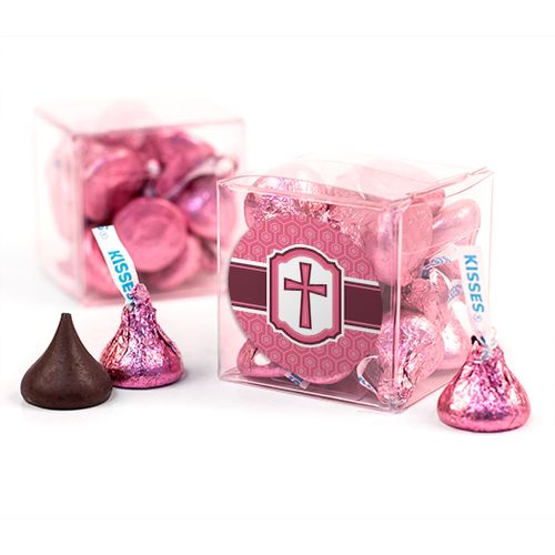 Confirmation Pink Hexagonal Pattern Engraved Cross Clear Gift Box with Sticker