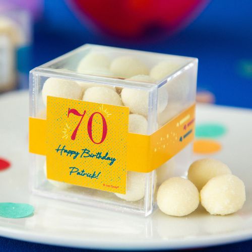 Personalized Milestone 70th Birthday JUST CANDY® favor cube with Premium Sugar Cookie Bites