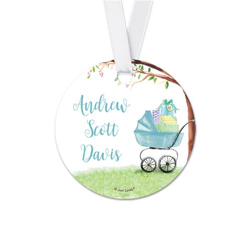 Personalized Carriage Baby Boy Announcement Round Favor Gift Tags (20 Pack)