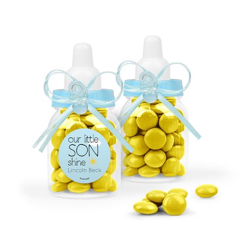 Personalized Boy Birth Announcement Favor Assembled Light Blue Baby Bottle Filled with Just Candy Milk Chocolate Minis