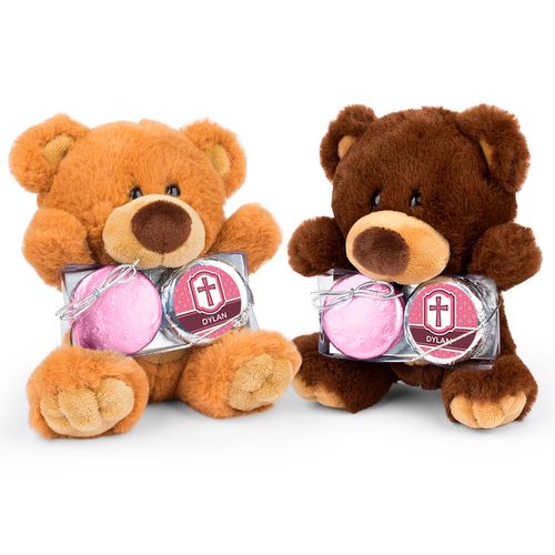 Personalized Girl's Engraved Cross Teddy Bear with Chocolate Covered Oreo 2pk