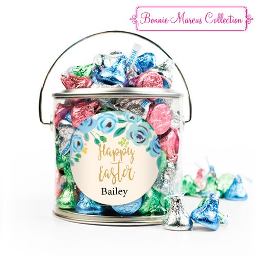 Personalized Easter Blue Flowers Silver Paint Can with Sticker - 12oz Spring Mix Kisses