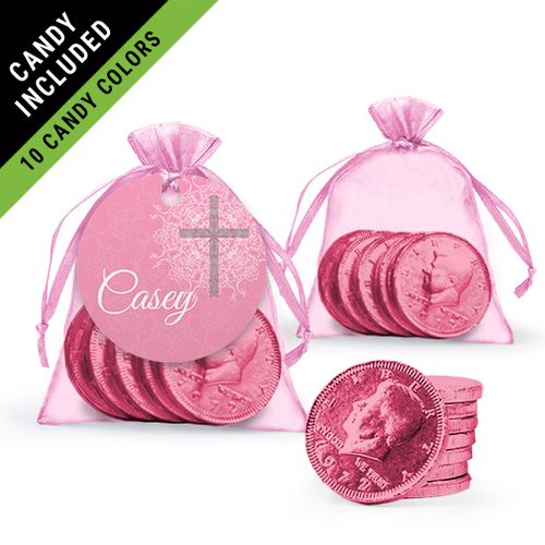 Personalized Girl First Communion Favor Assembled Gift tag, Organza Bag Filled with Milk Chocolate Coins