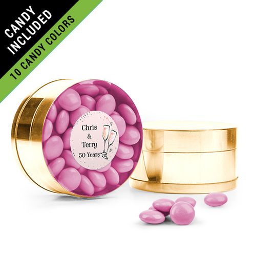 Personalized Anniversary Favor Assembled Small Round Plastic Tin Filled with Just Candy Milk Chocolate Minis