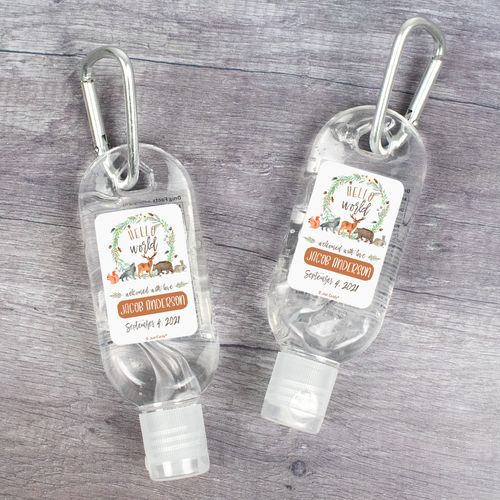 Personalized Baby Shower Hello World Hand Sanitizer with Carabiner - 1 fl. Oz.