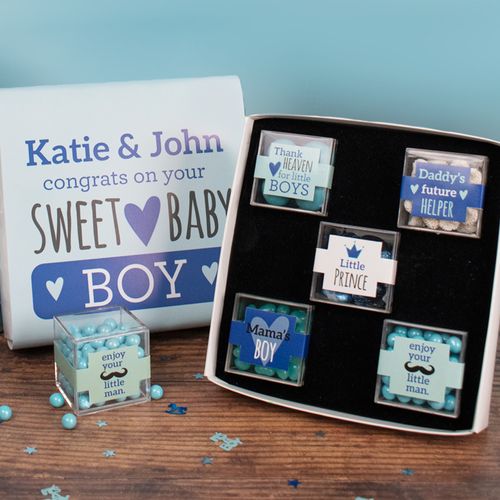 Personalized Baby Premium Gift Box with 5 JUST CANDY® favor cubes - Sweet Baby Boy