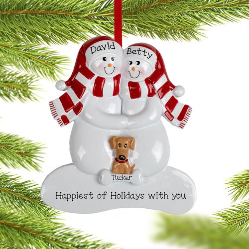 Personalized Snowman Couple with 1 Brown Dog