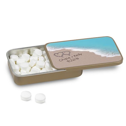Wedding Favor Personalized Mint Tin Names and Hearts in Sand Sea Shore