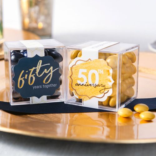 Personalized 50th Anniversary JUST CANDY® favor cube with Just Candy Milk Chocolate Minis