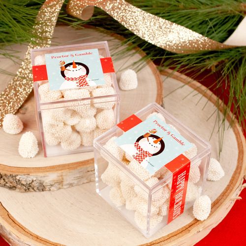 Personalized Christmas Snowy Snowman JUST CANDY® favor cube with Jelly Belly Gumdrops