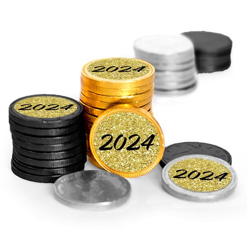 New Year's Eve Shimmering Gold Assorted Chocolate Coins with Black, Silver & Gold Foil (84 Count)