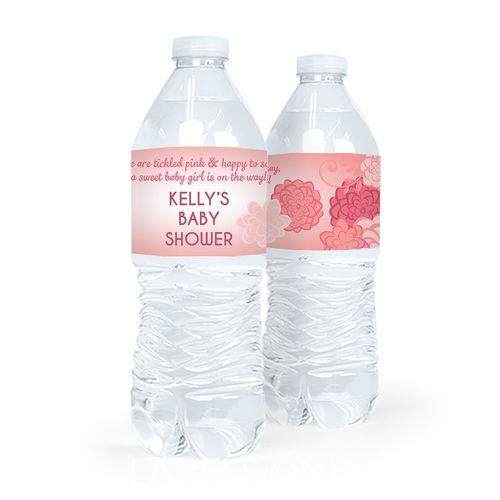 Personalized Baby Shower Pink Flowers Water Bottle Sticker Labels (5 Labels)