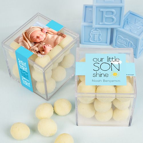 Personalized Boy Birth Announcement JUST CANDY® favor cube with Premium Sugar Cookie Bites