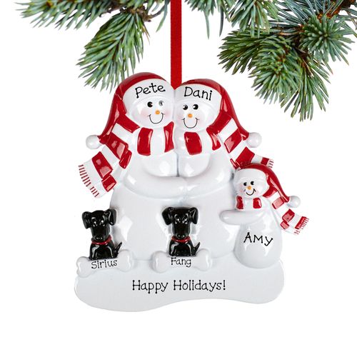 Personalized Snowman Family of 3 with 2 Black Dogs