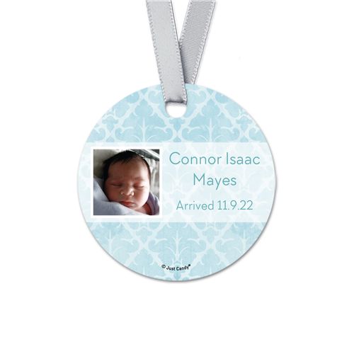 Personalized Baby Boy Light Blue Photo Birth Announcement Round Favor Gift Tags (20 Pack)