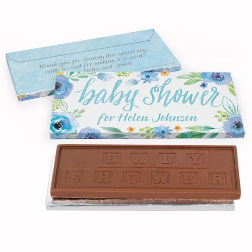Deluxe Personalized Baby Shower Watercolor Blossom Wreath Embossed Chocolate Bar in Gift Box