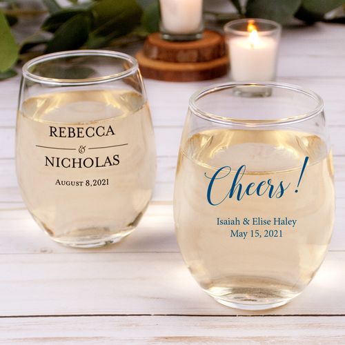 Personalized Wedding 15oz Stemless Wine Glass