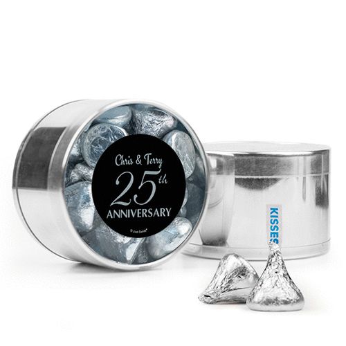 Personalized 25th Anniversary Favor Assembled Medium Round Plastic Tin Filled with Hershey's Kisses