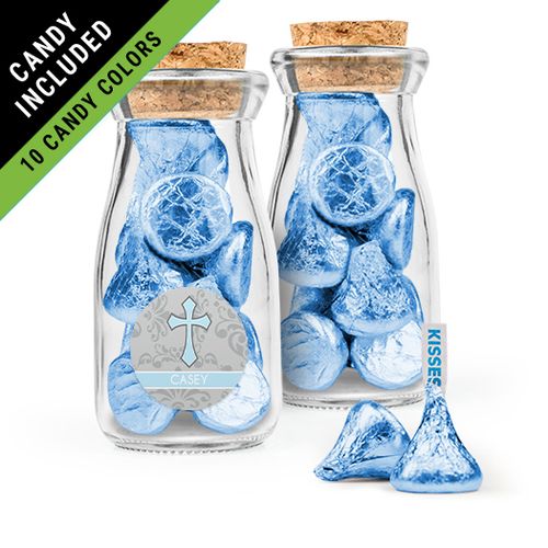Personalized Boy First Communion Favor Assembled Glass Bottle with Cork Top Filled with Hershey's Kisses