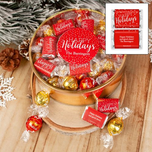 Personalized Happy Holidays Extra-Large Plastic Tin with Approx 1.2lb Personalized Hershey's Miniatures and Lindor Truffles by Lindt
